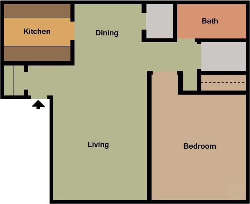 Floor plan for 1 bed, 1 bath, 713 sqft